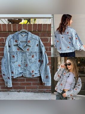 Rareraw Denim Jean Jacket Embroidered Footballs Size Large Women’s Oversized